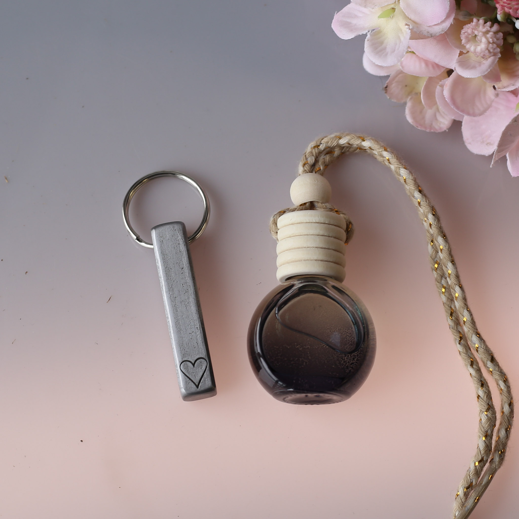 Gift Set Polished square bar Keyring & Car Diffuser